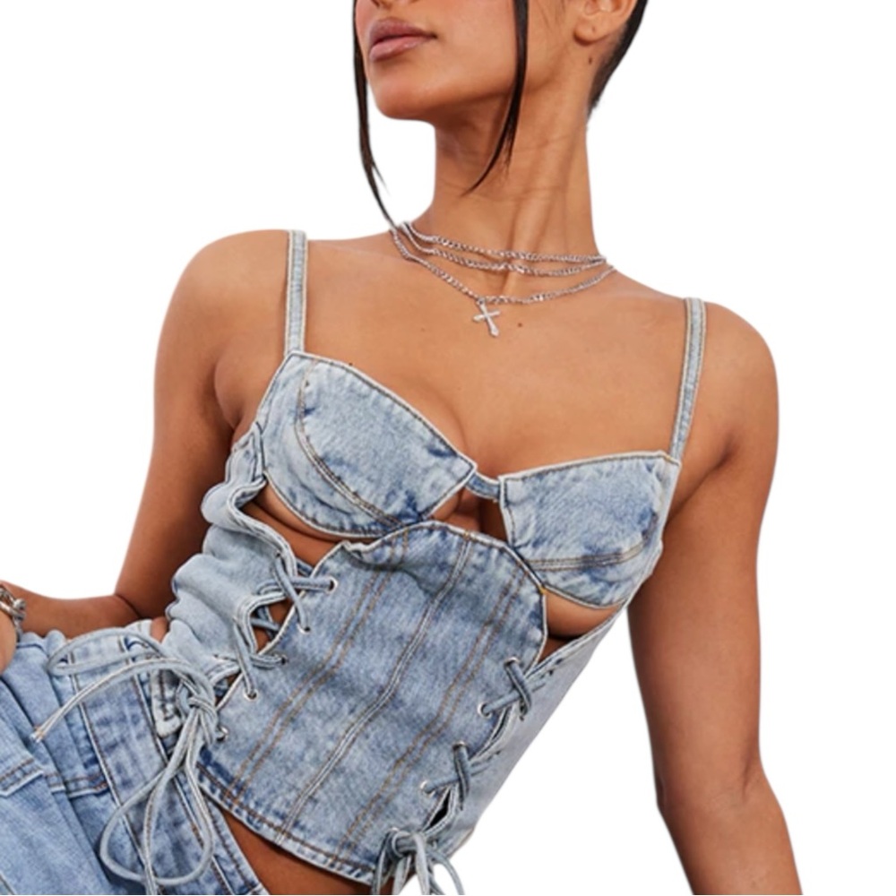 NWT Denim Lace Up Cutout Corset Jean Top - Picture 7 of 13